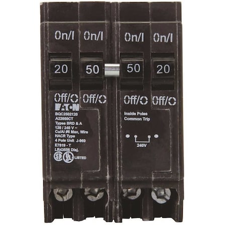 Eaton Circuit Breaker, BR Series, 50A, 4 Pole, 120/240V AC, 10kA BQC2502120